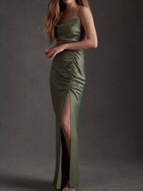 BHLDN Jennings Maxi Dress Moss Satin Ruched Cowl Neck Size 16